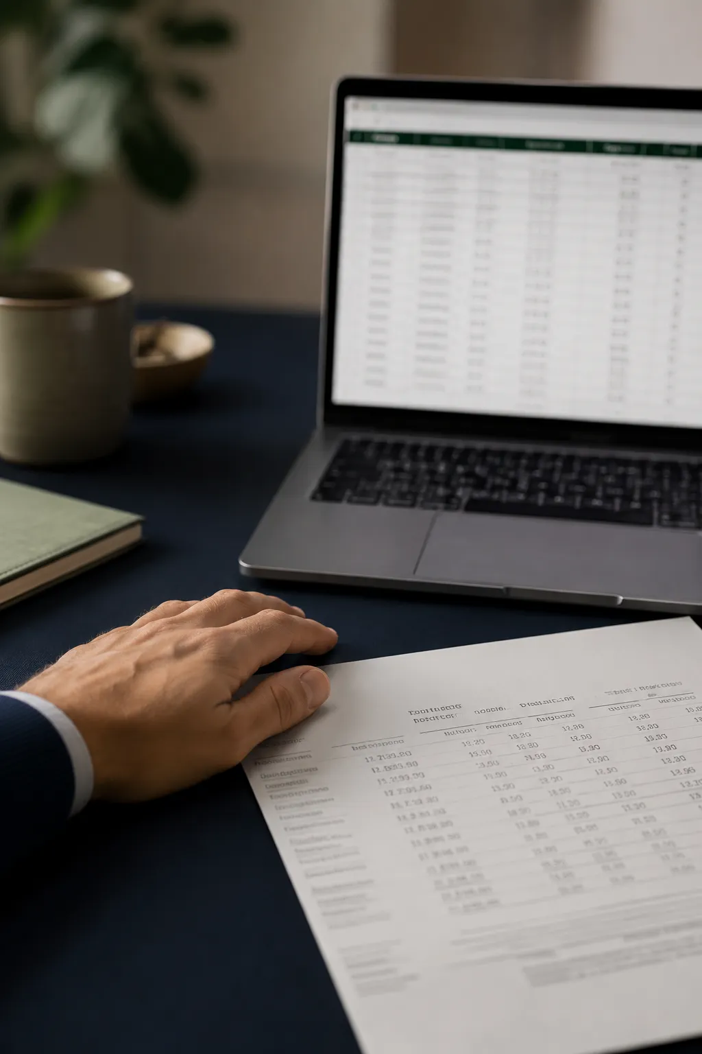 A bank statement beside a laptop showing a tidy spreadsheet of the same figures