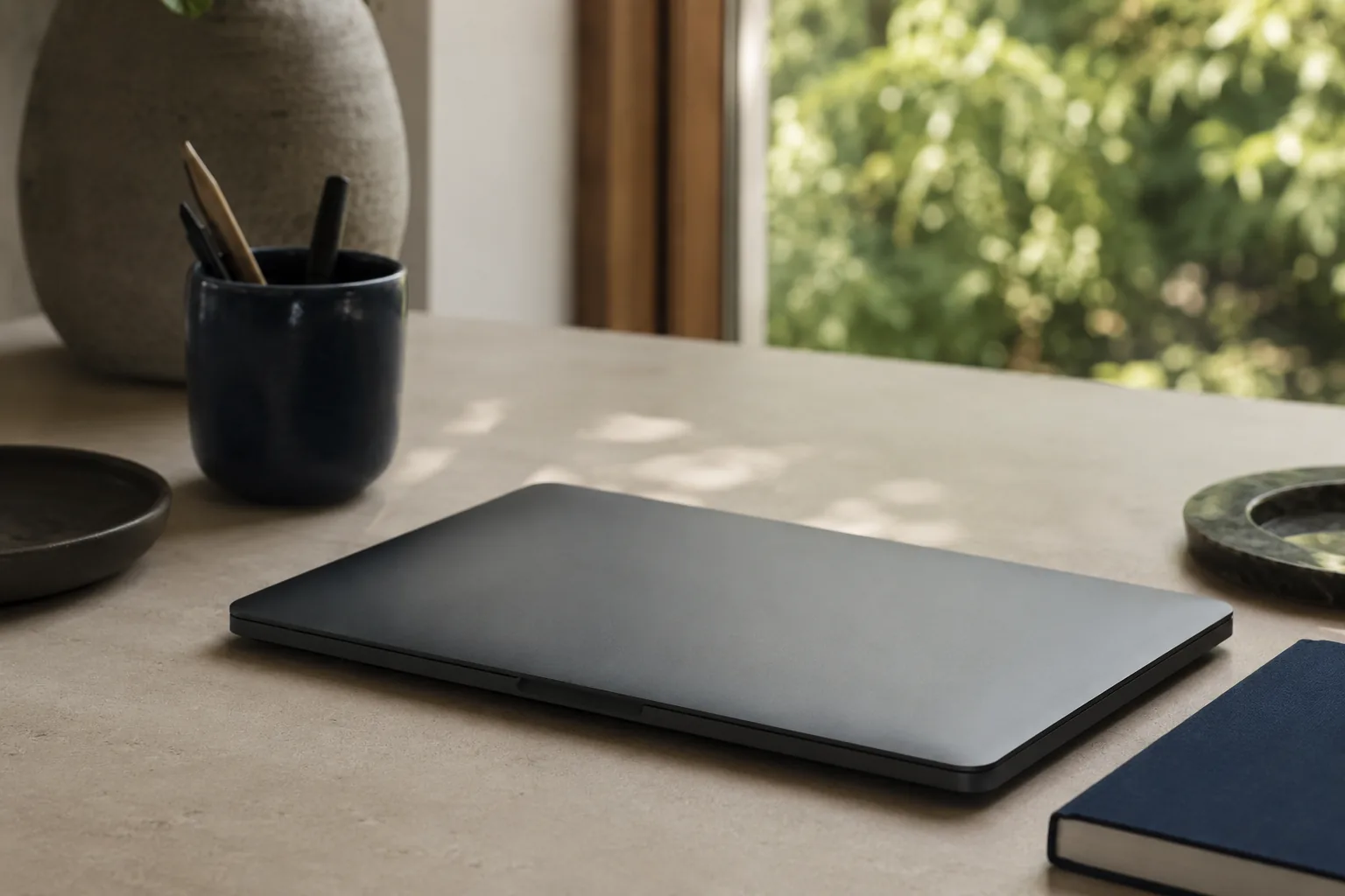 A calm home office at a window with foliage, a single laptop and a cup of tea