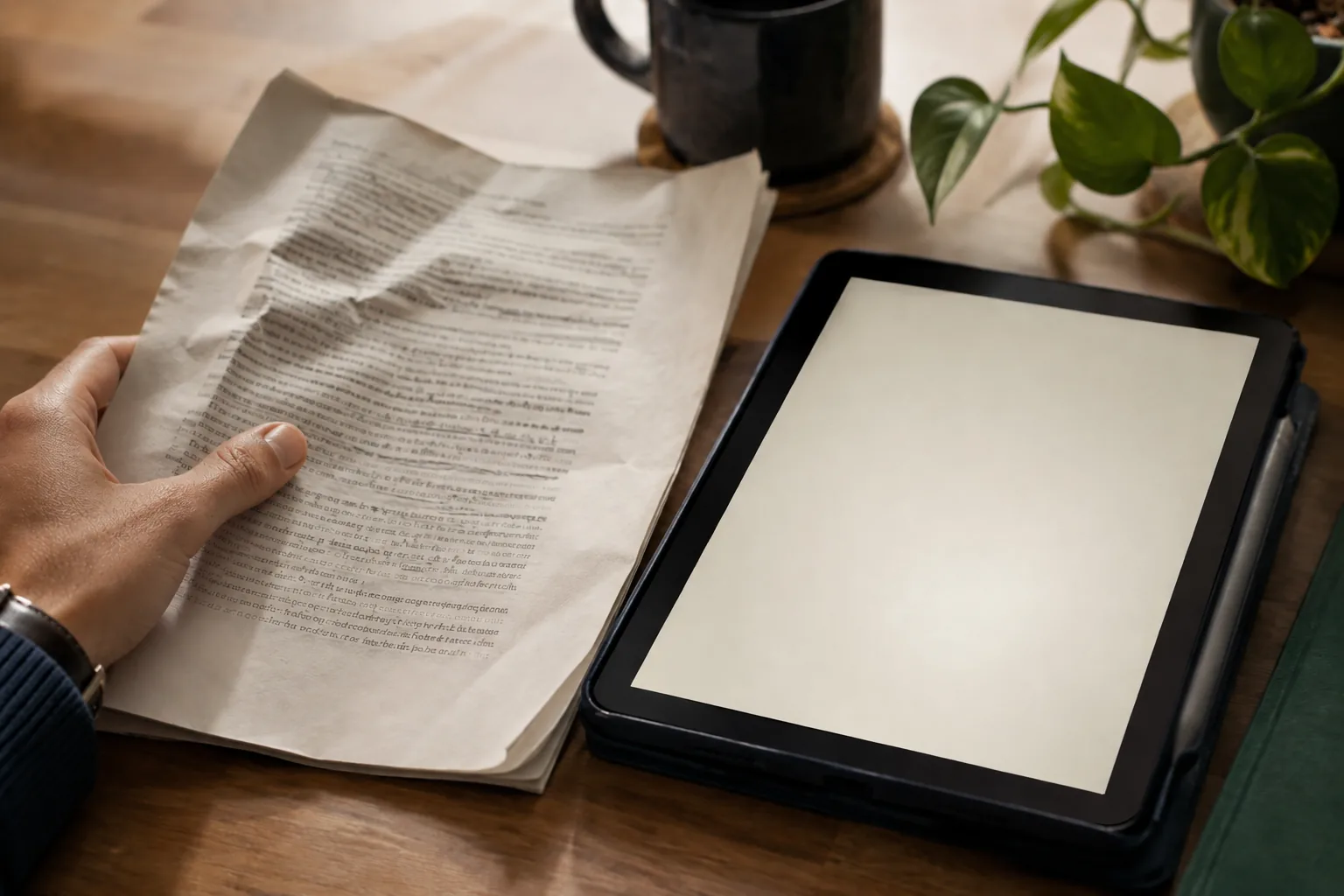 A letter on a warm oak desk in soft daylight, a smartphone propped beside it ready to photograph it, a laptop and a vase of greenery behind, a hand resting at the desk edge