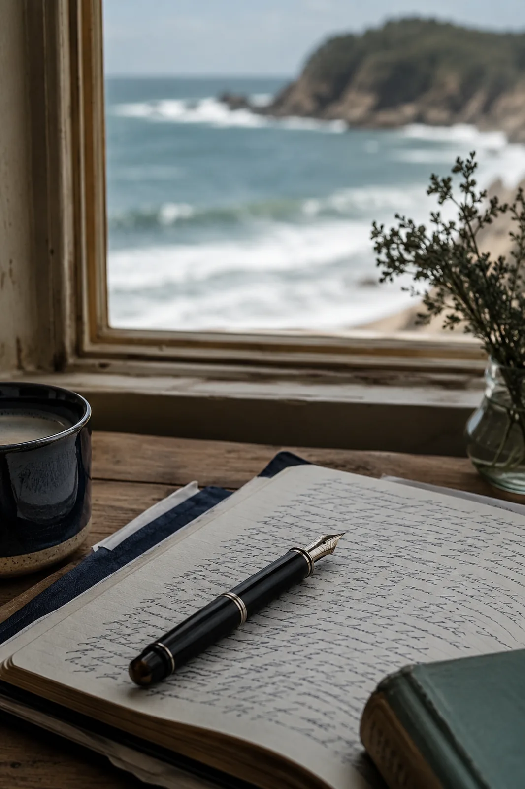 A writer's cabin desk by a window with a sea view, a fountain pen on a notebook and a laptop