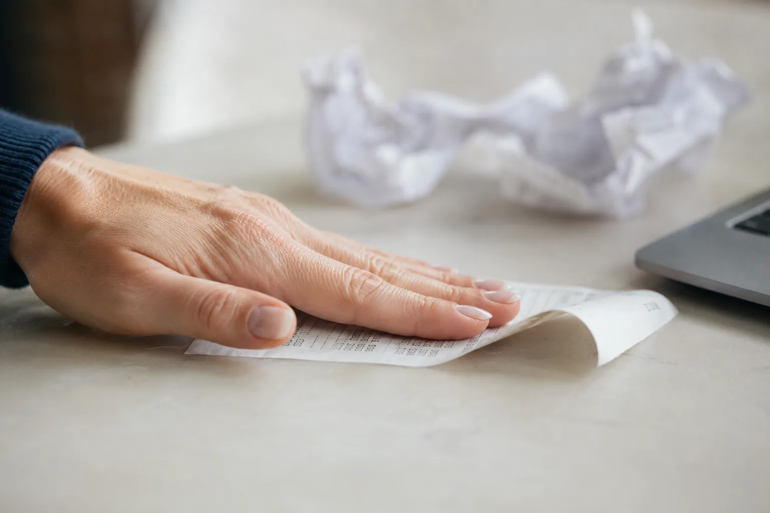 A home-studio desk with a fan of crumpled receipts and a laptop showing a clean list