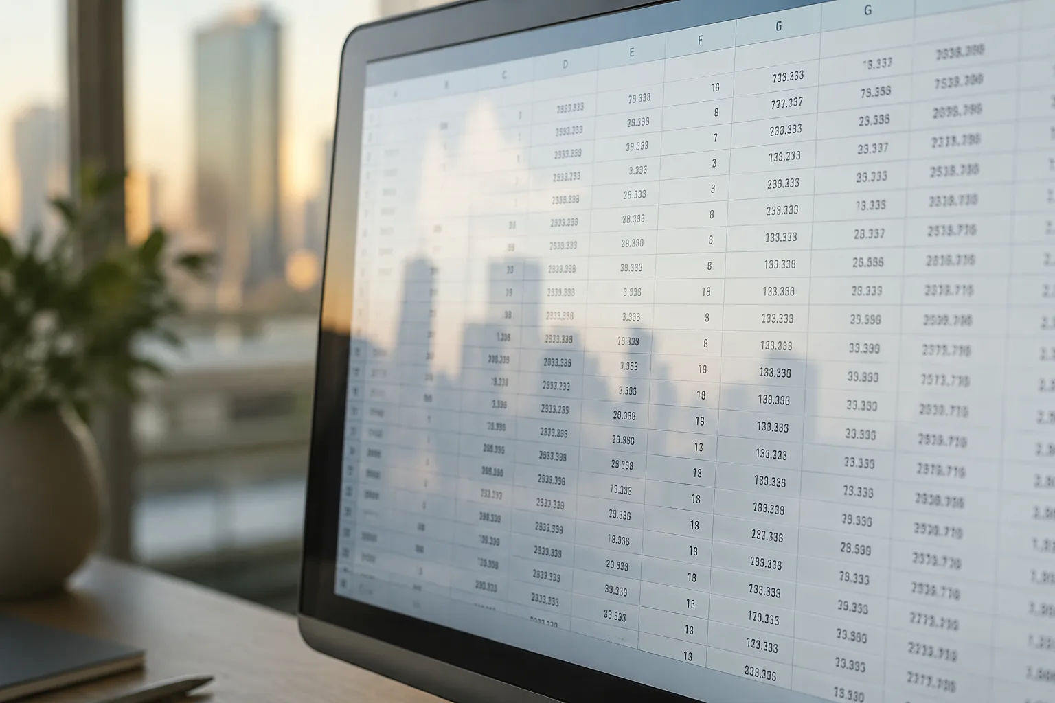 A dual-monitor desk at dawn with a chart screenshot becoming a clean grid