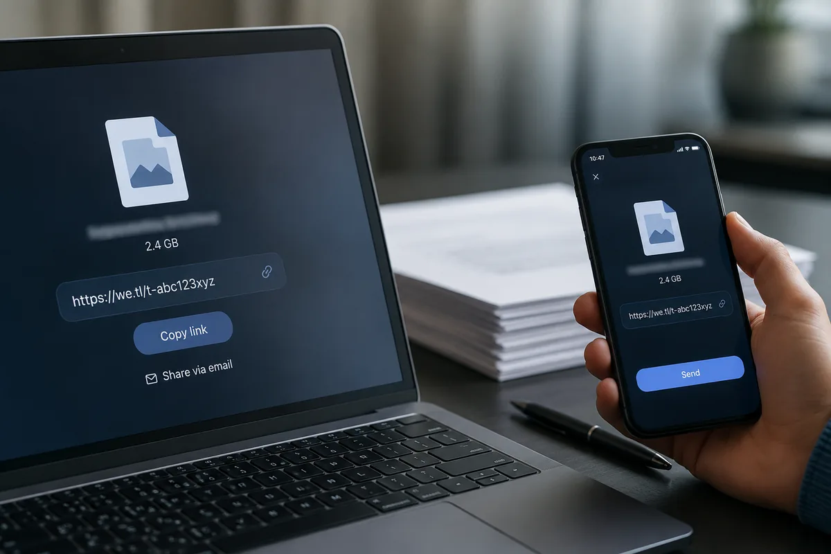 A laptop on a calm desk showing a single file ready to send as a link, a phone resting beside it