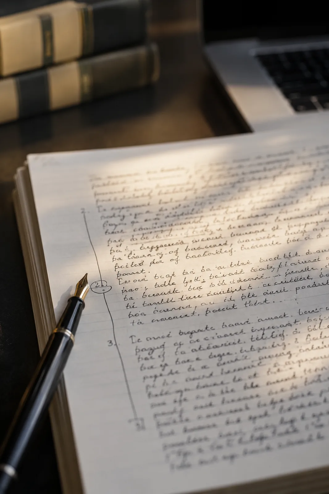 A library reading desk with handwritten notes and an open laptop in late light