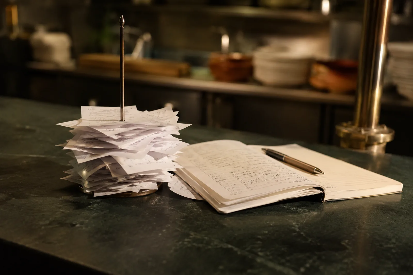 A stylish empty restaurant pass with a spike of dockets and a laptop in warm light
