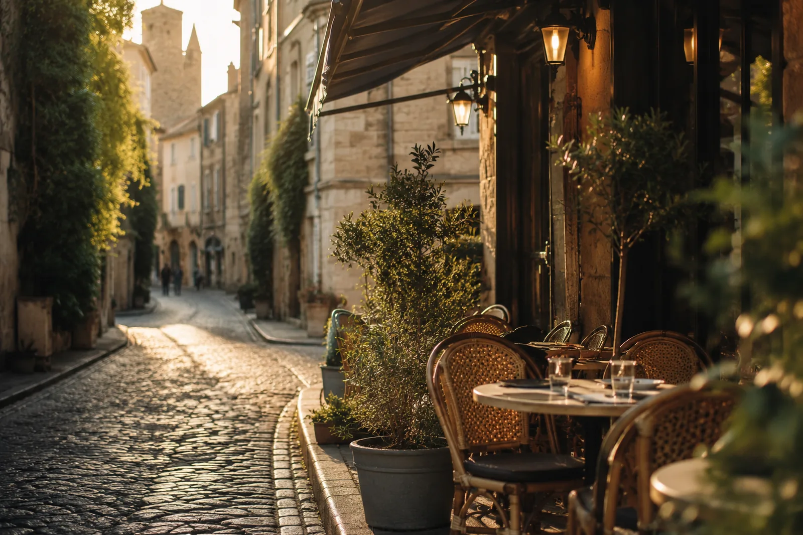 A sunlit cafe terrace abroad with an open journal, an espresso and a phone