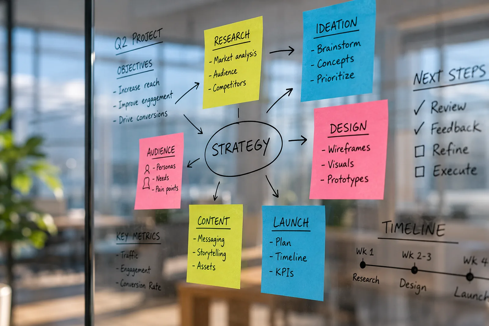 A sunlit creative studio with a glass wall of marker diagrams and sticky notes