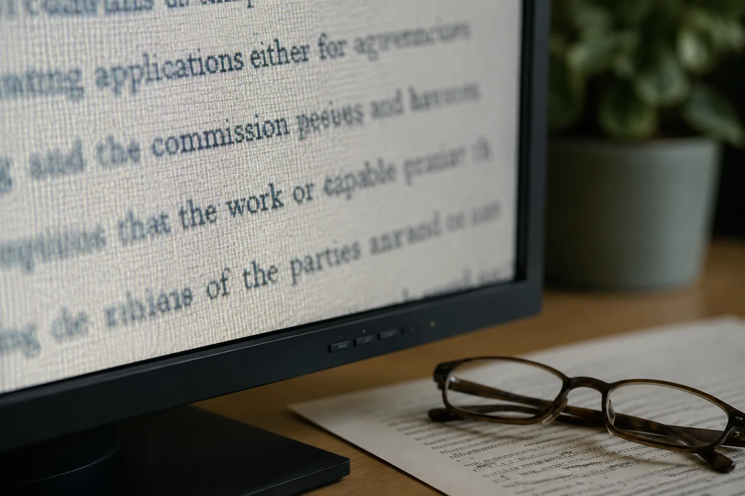 A scanned contract on a monitor, reading glasses folded on printed paper