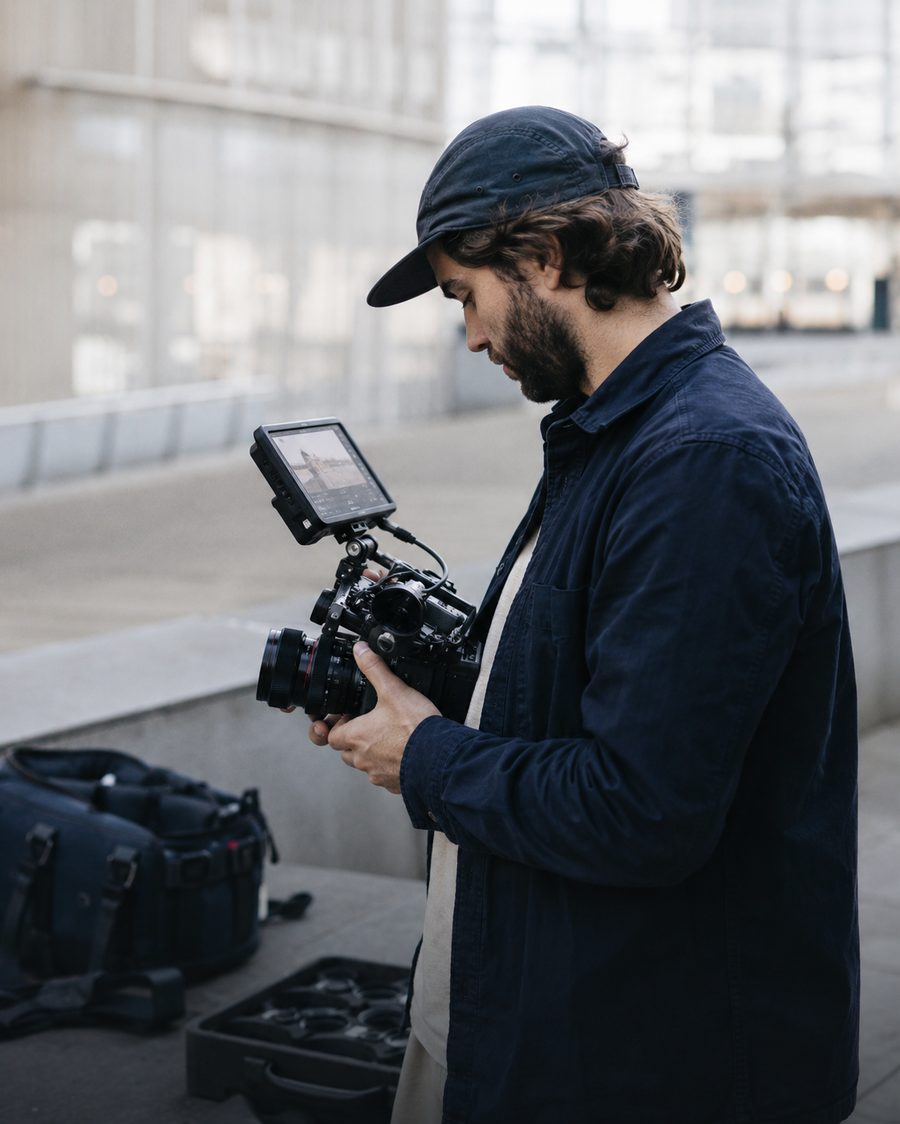 Filmmaker checking a camera rig on location