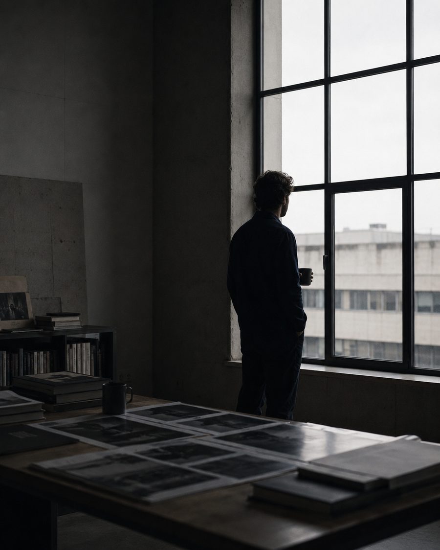 Photographer reviewing prints by a studio window